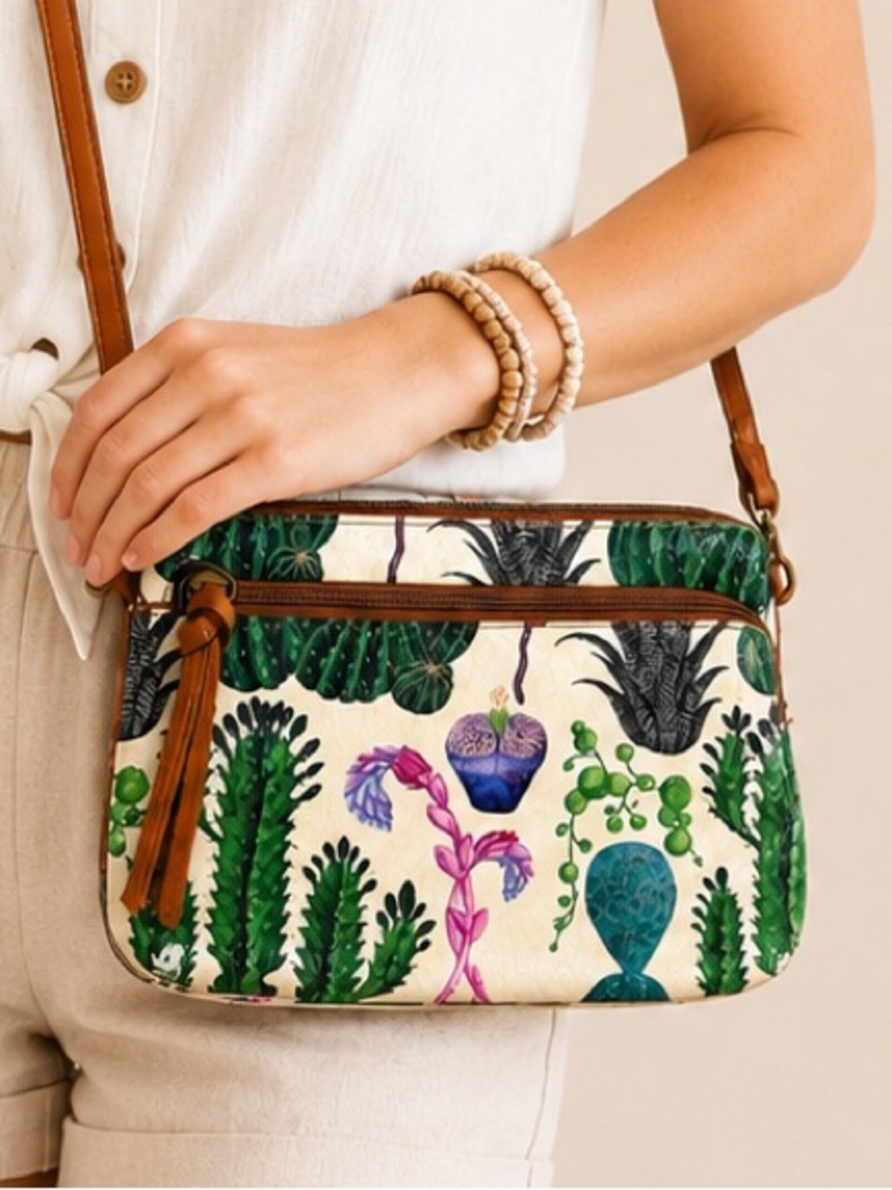 Women's Cream Crossbody Bag with Botanical Cactus Print